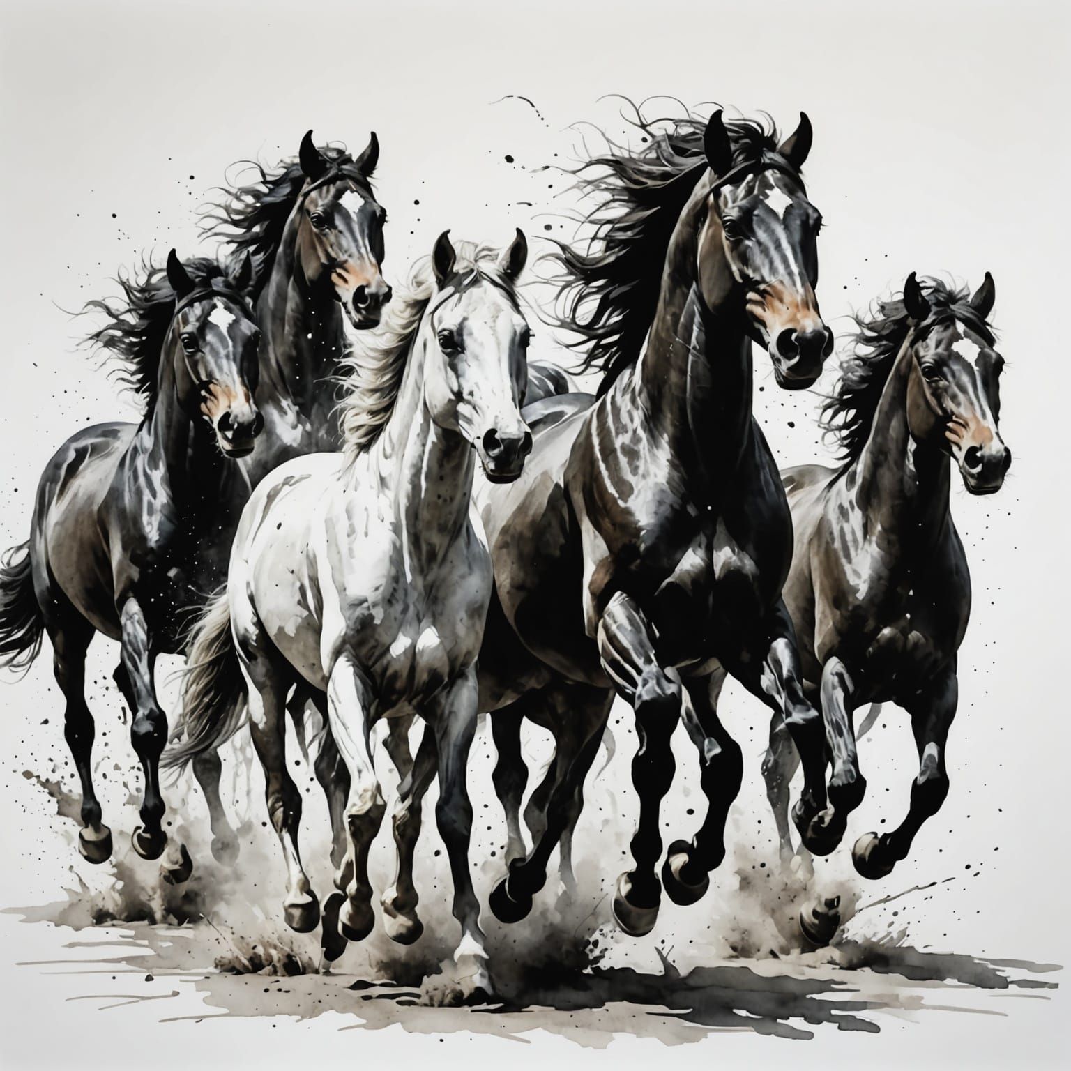 Majestic Herd of Horses in Black and White Ink