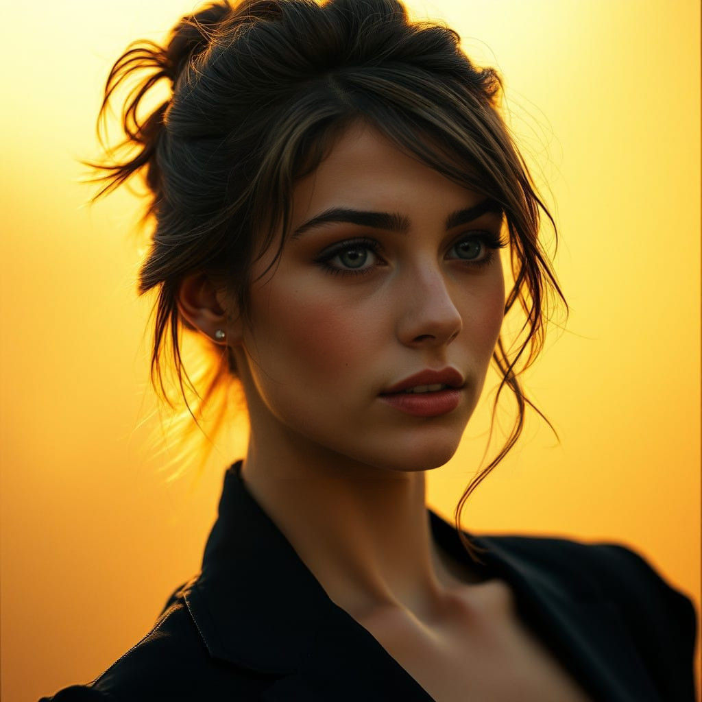 A stunning woman gazes off to the side with an expression of...