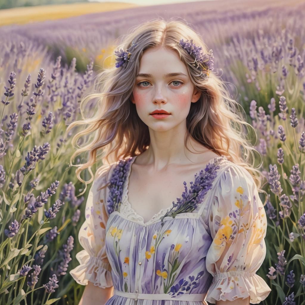 Lavender Human in Dreamy Watercolor Flower Field