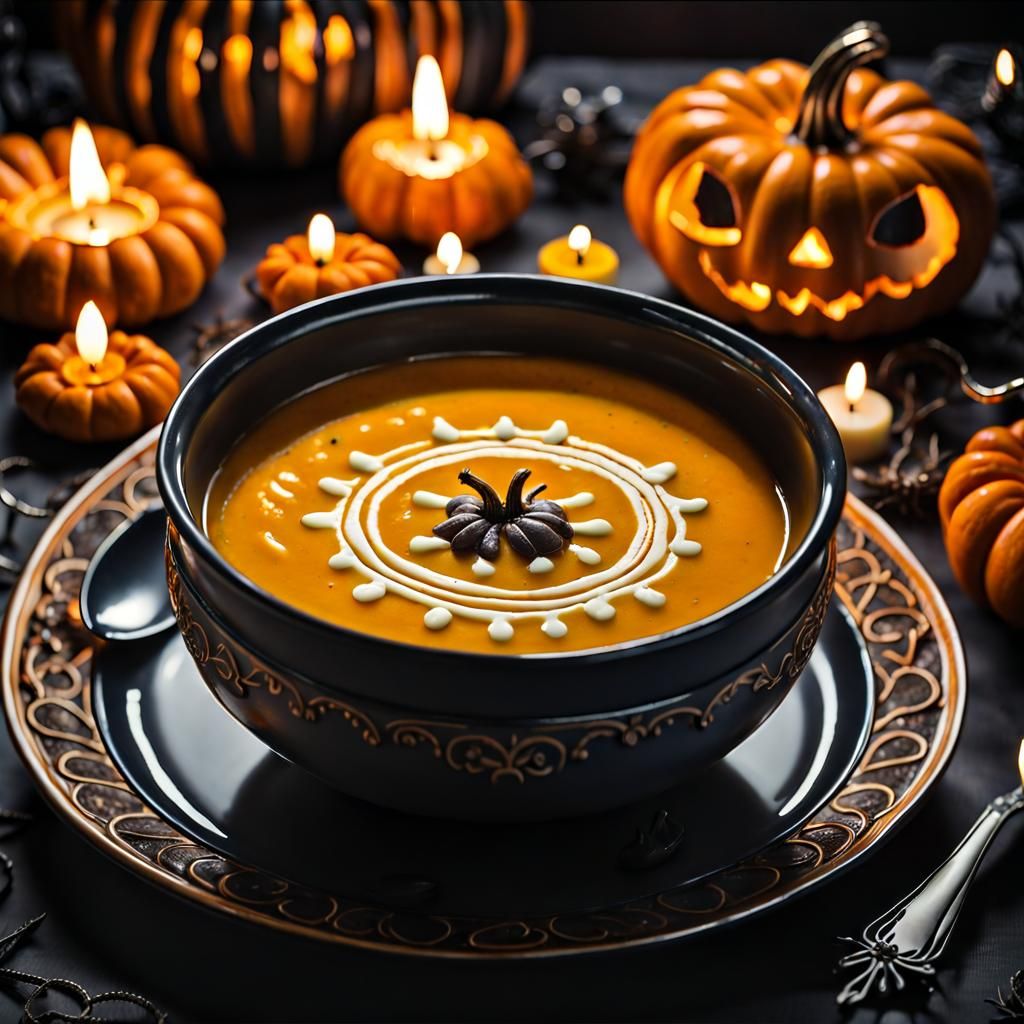 Gourmet Pumpkin Soup in Halloween Decor