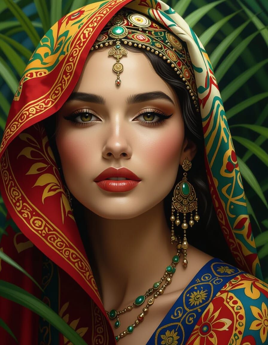 Exotic Woman in Tropical Setting, Art Nouveau Style