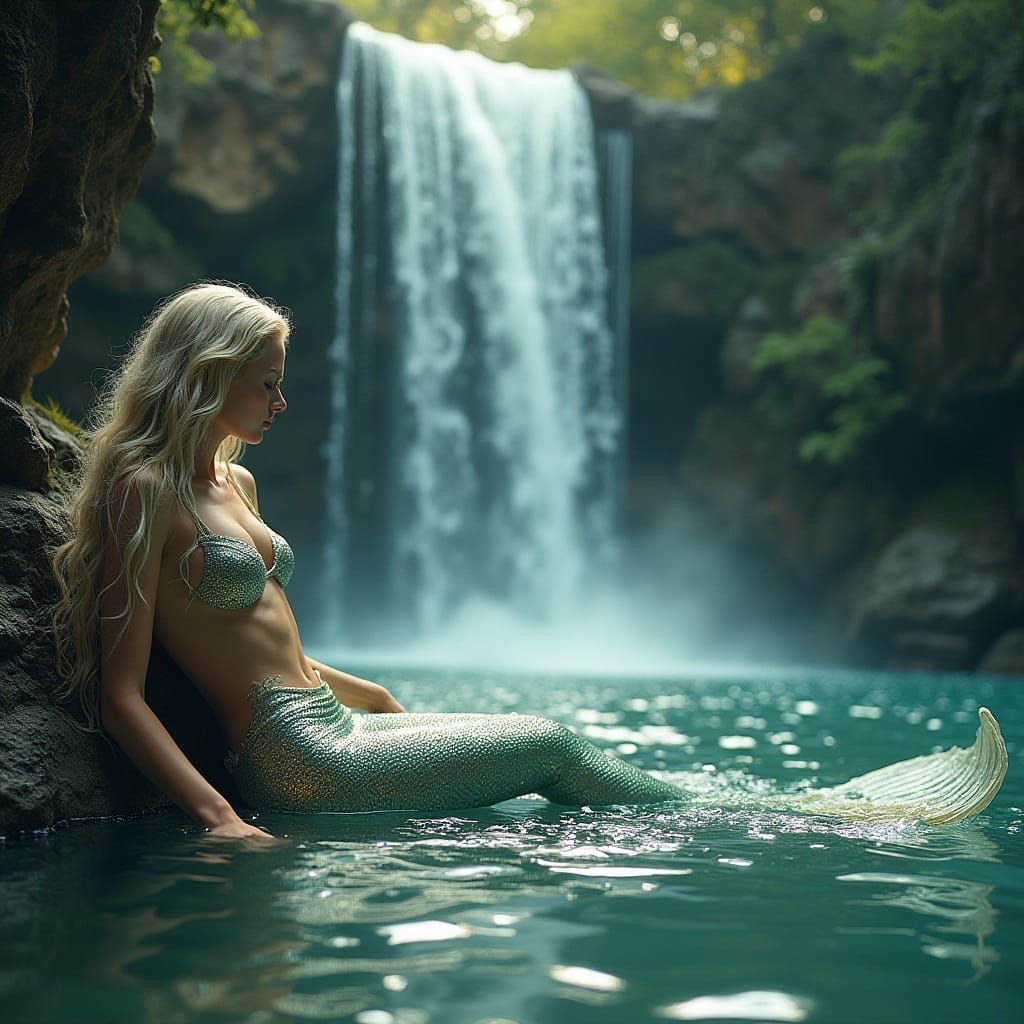Ethereal Mermaid in Shimmering Mercury Waterfall