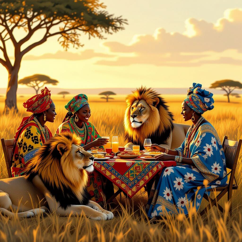 African Feast with Lions in Painterly Style