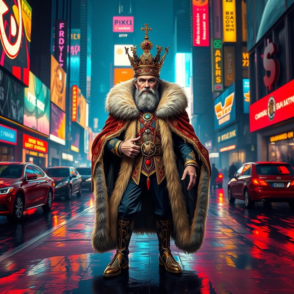 Regal King in Cyberpunk Cityscape