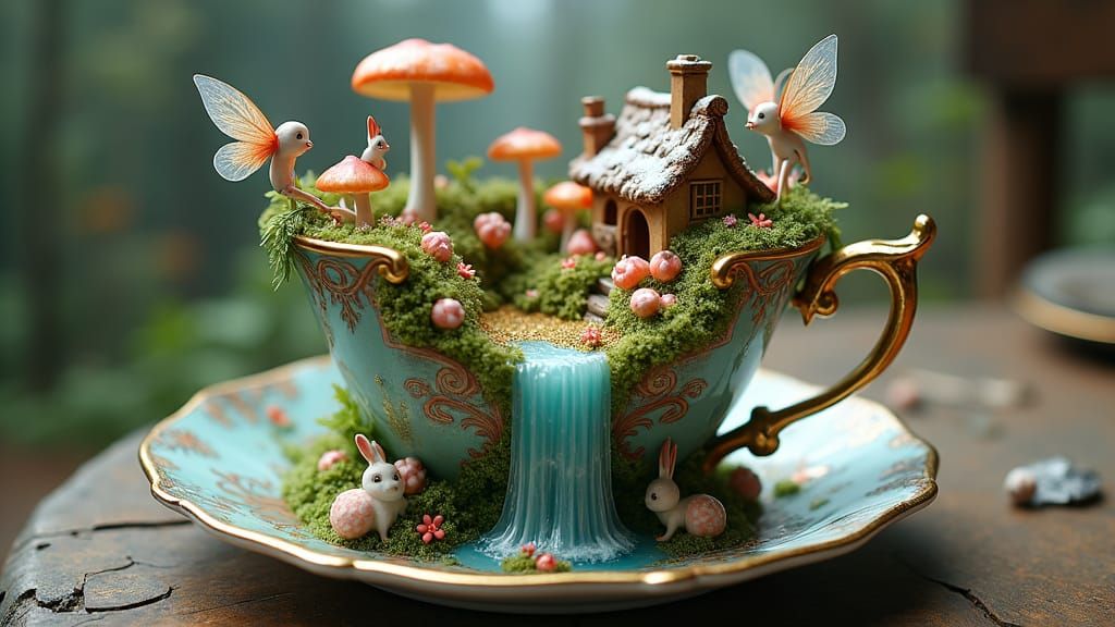 Miniature Enchanted Forest Inside Teacup, Fantasy Art