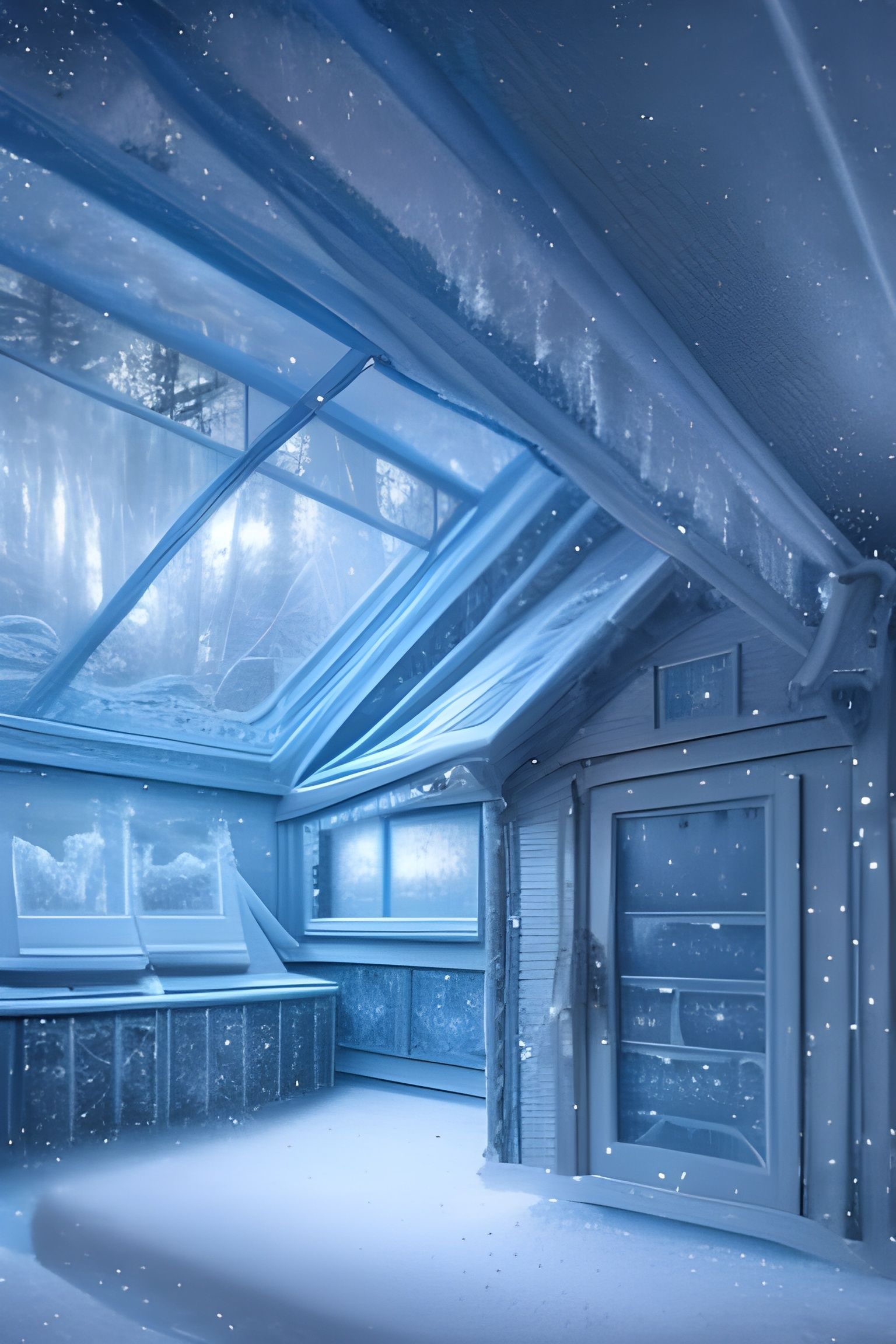 Snowy Cabin on Iceberg Under Aurora Borealis