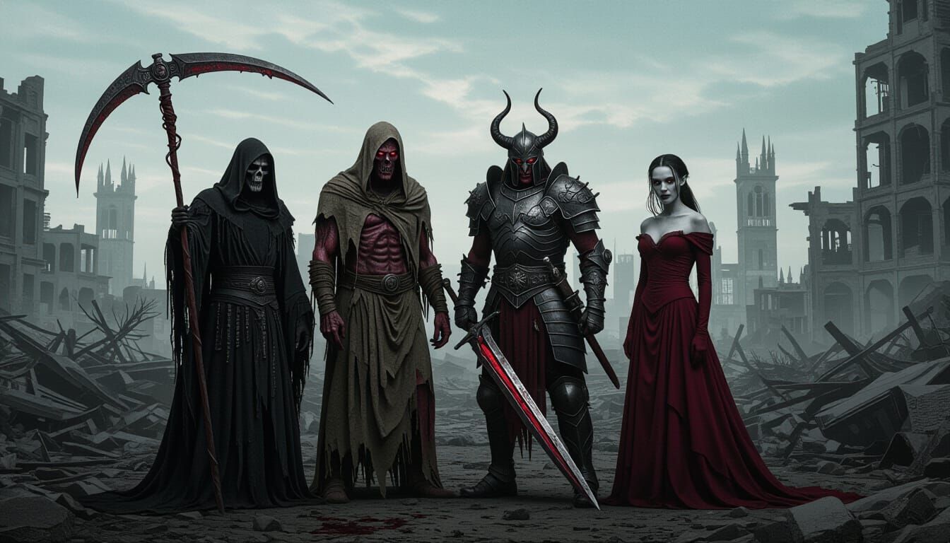 Apocalyptic Horsemen in Ruined Cityscape