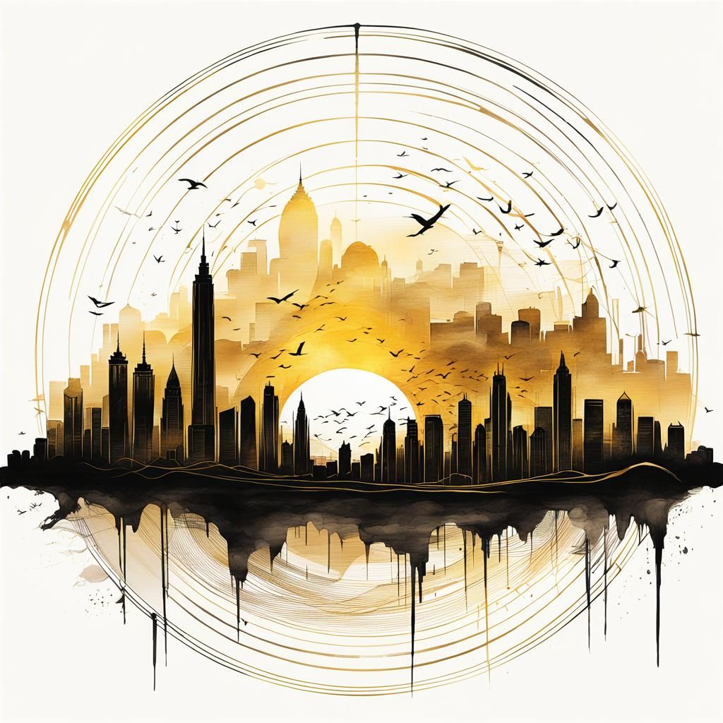 Mysterious Cityline at Golden Sunrise: Minimalist Ink Sketch