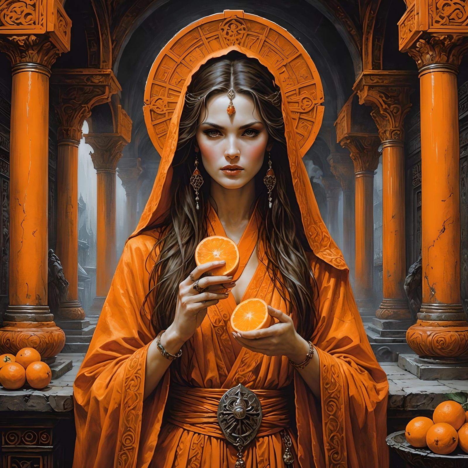 Orange Priestess in Temple: Dark Fantasy Illustration