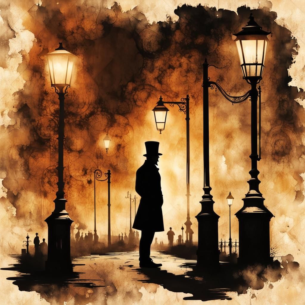 Steampunk Magician Silhouette in Vintage Ink Painting