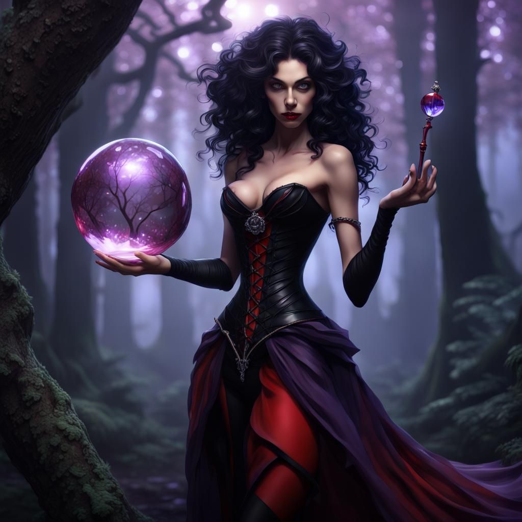 Mystic Elf with Crystal Staff in Eerie Forest