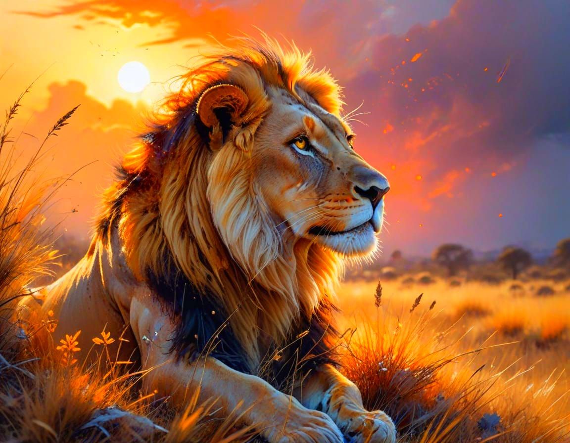 Lion on Dusk-Kissed Savanna in Willem Haenraets Style