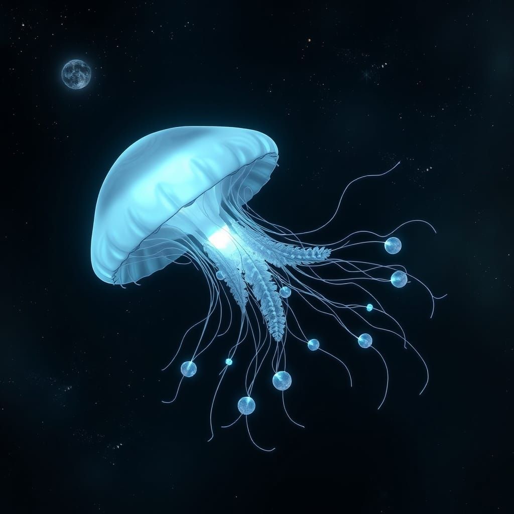 Bioluminescent Jellyfish Drifting Through Space in High Fant...