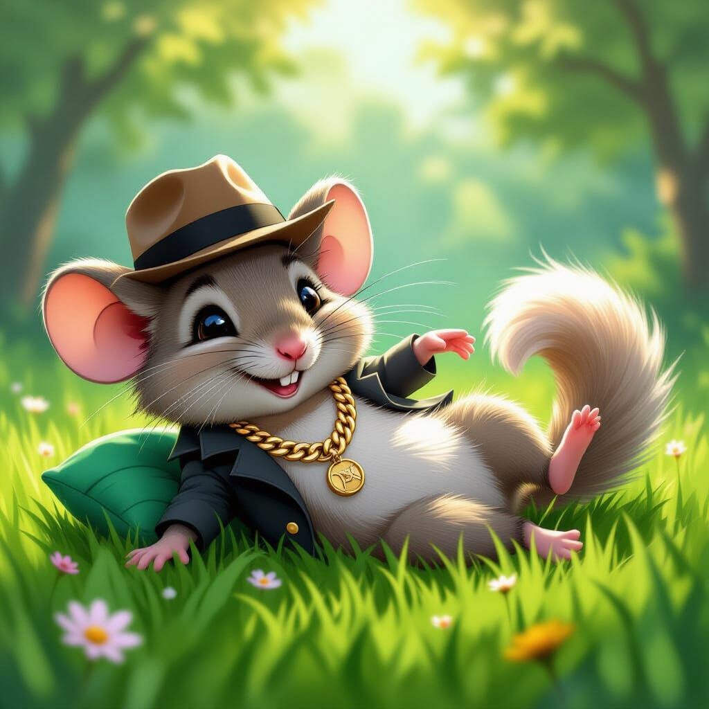Gangster Mouse Lies on Grass in Whimsical Style