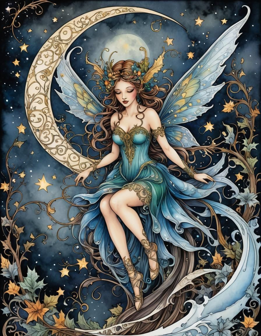 Celestial Winter Fairy in Detailed Watercolor Style