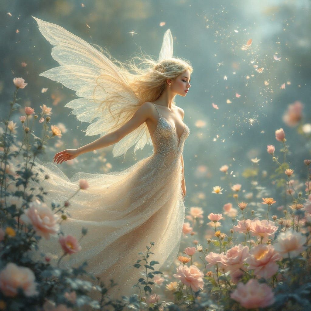 Ethereal Fairy in a Flower Field, Art Nouveau Style