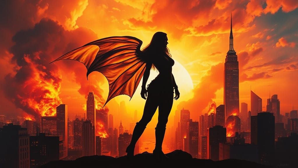 Heroic Figure Stands Against Blazing Sunset Dystopia
