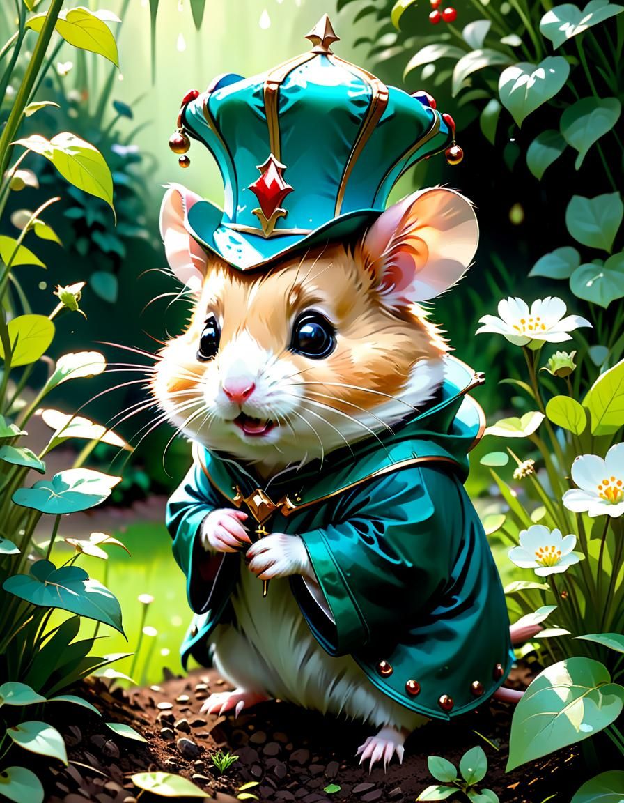 Hamster Court Jester in Garden, Digital Art