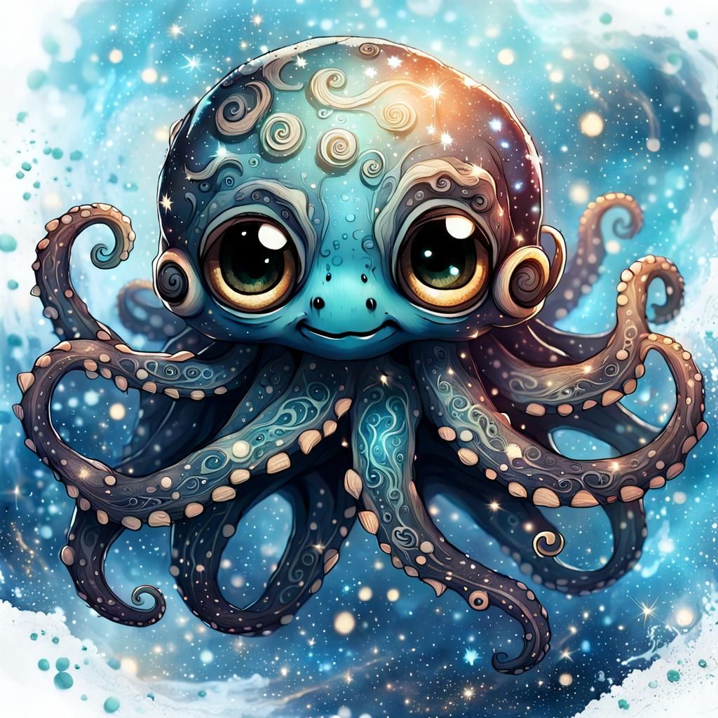 Adorable Chibi Kraken Portrait in Glowing Night Sky