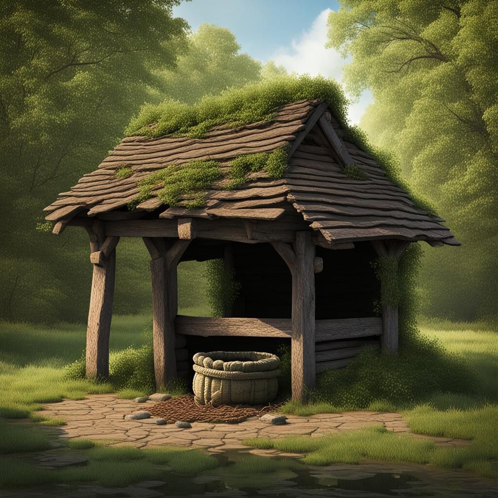 Weathered Stone Well by Roadside Grove