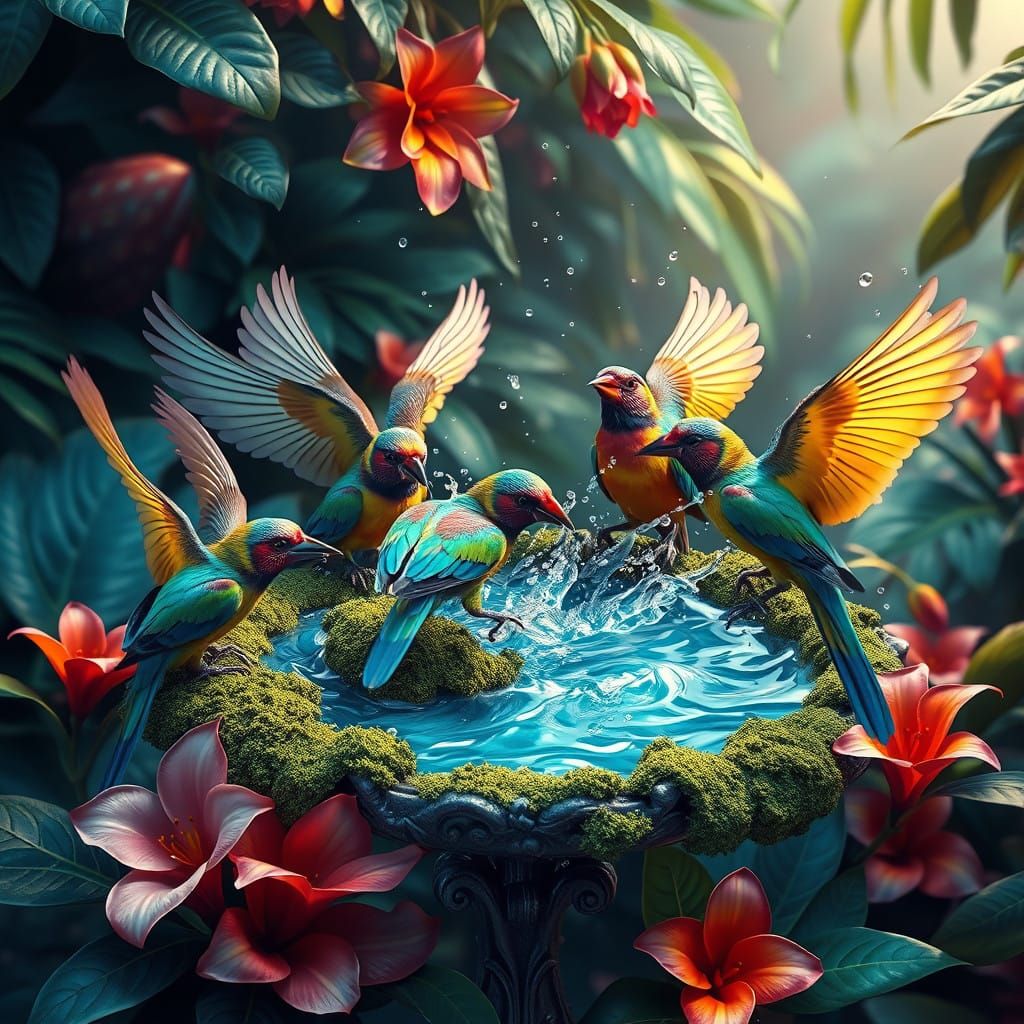 Fantastical Birds Gather Around a Tropical Oasis in Vibrant ...