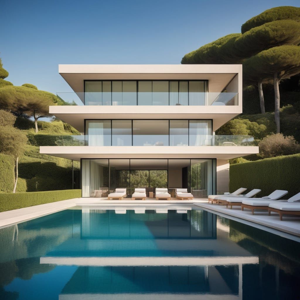 Sleek Modern Villa with Striped Umbrellas and Plush Daybeds ...