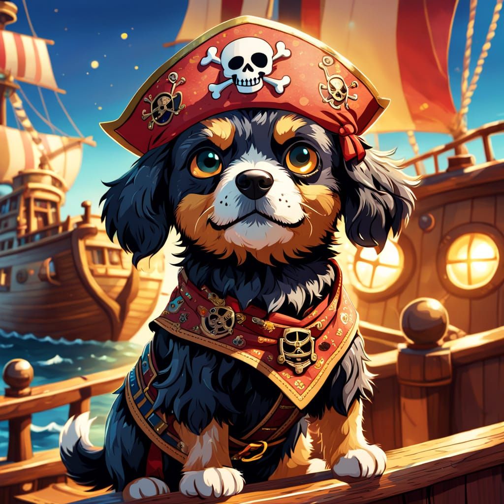 Cartoon Patterpoo Dog in Pirate Costume on Ship