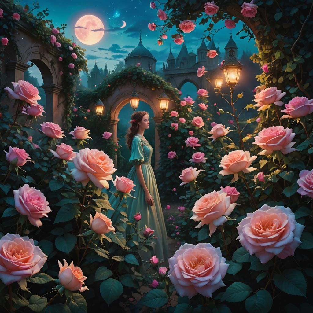 Ethereal Dreamscapes: Glowing Garden of Roses in Darkness
