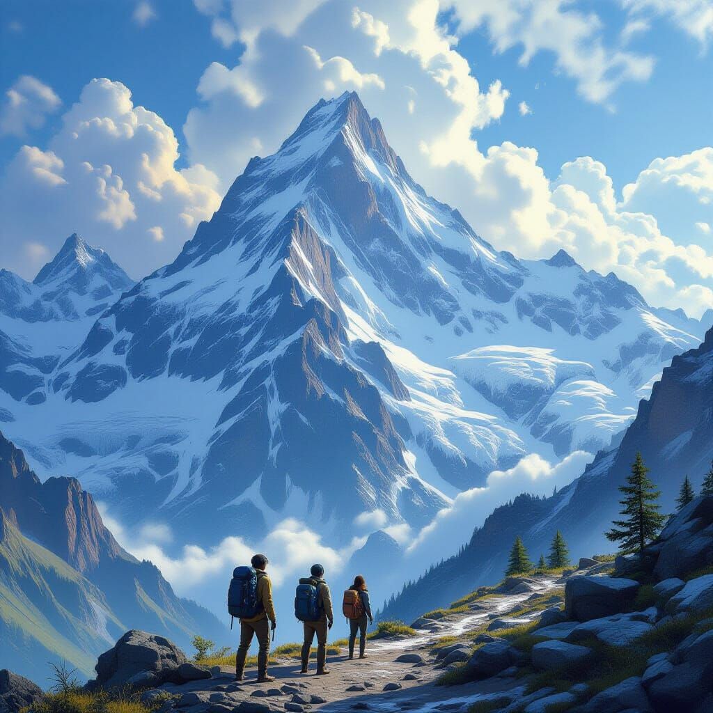 Epic Fantasy Art of Hikers Facing a Perilous Mountain Ascent