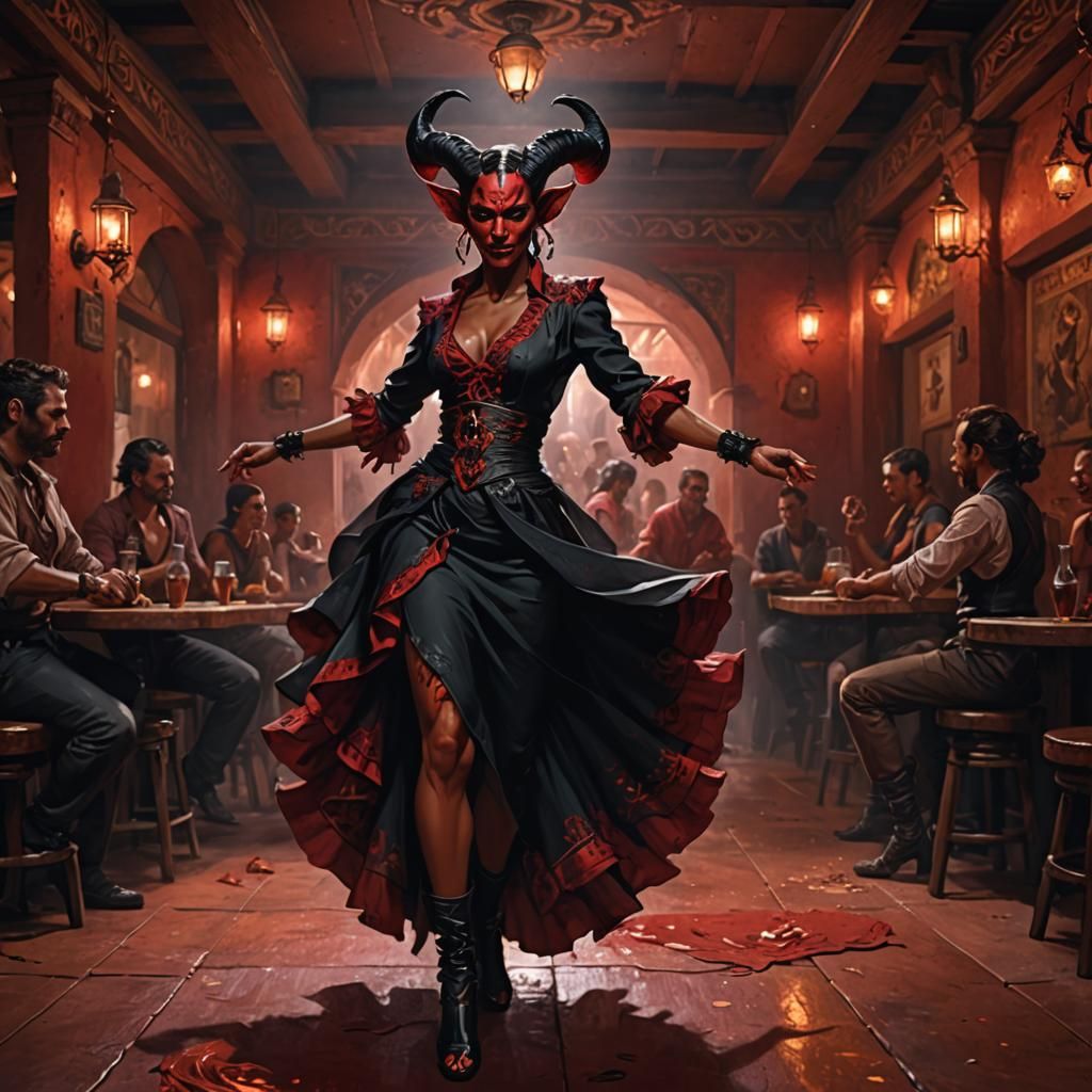 tiefling flamenco dancer in a cantina a masterpiece, 8k reso...