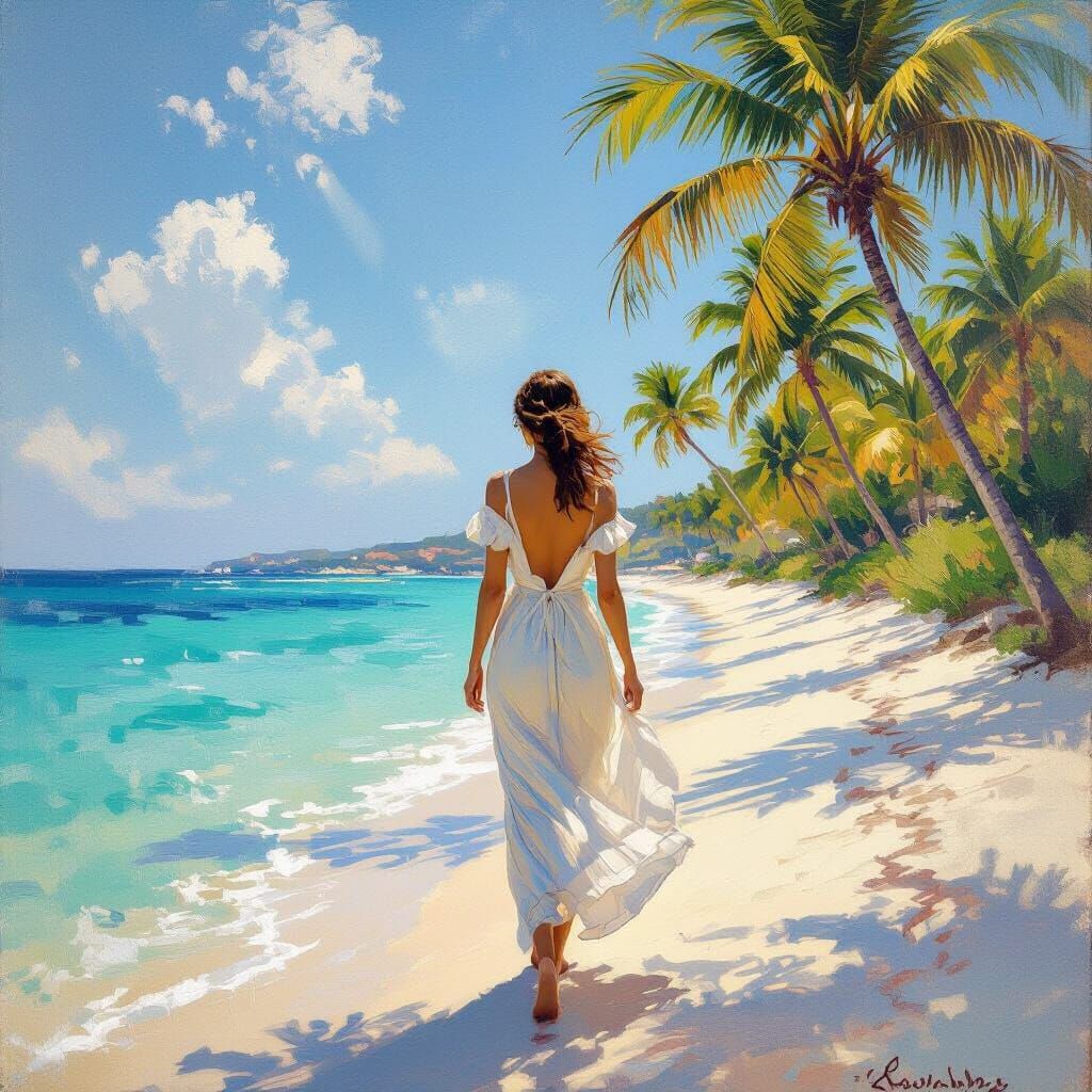 Impressionistic Woman Strolls on Tropical Beach