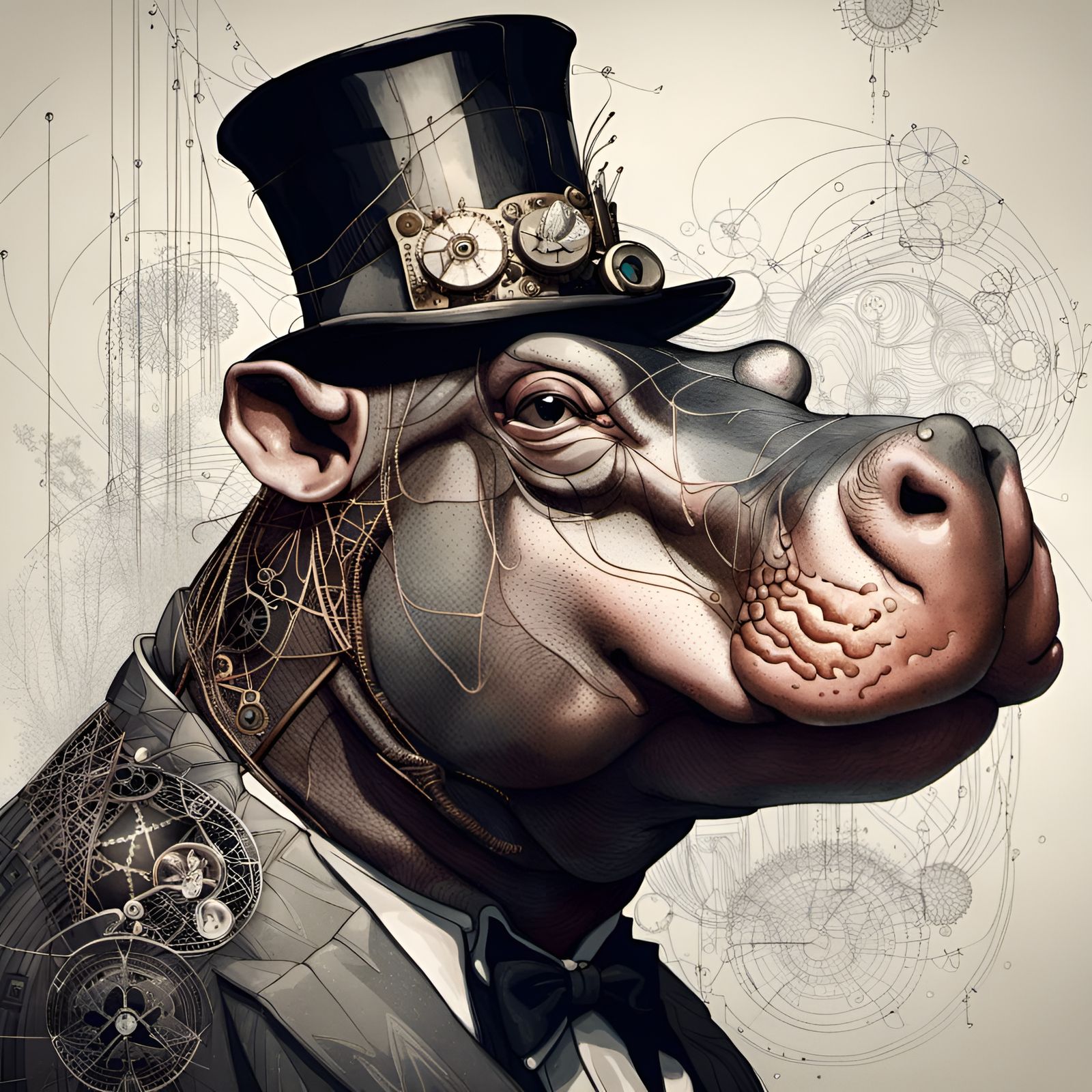 Steampunk Hippo Portrait with Intricate Filigree Details