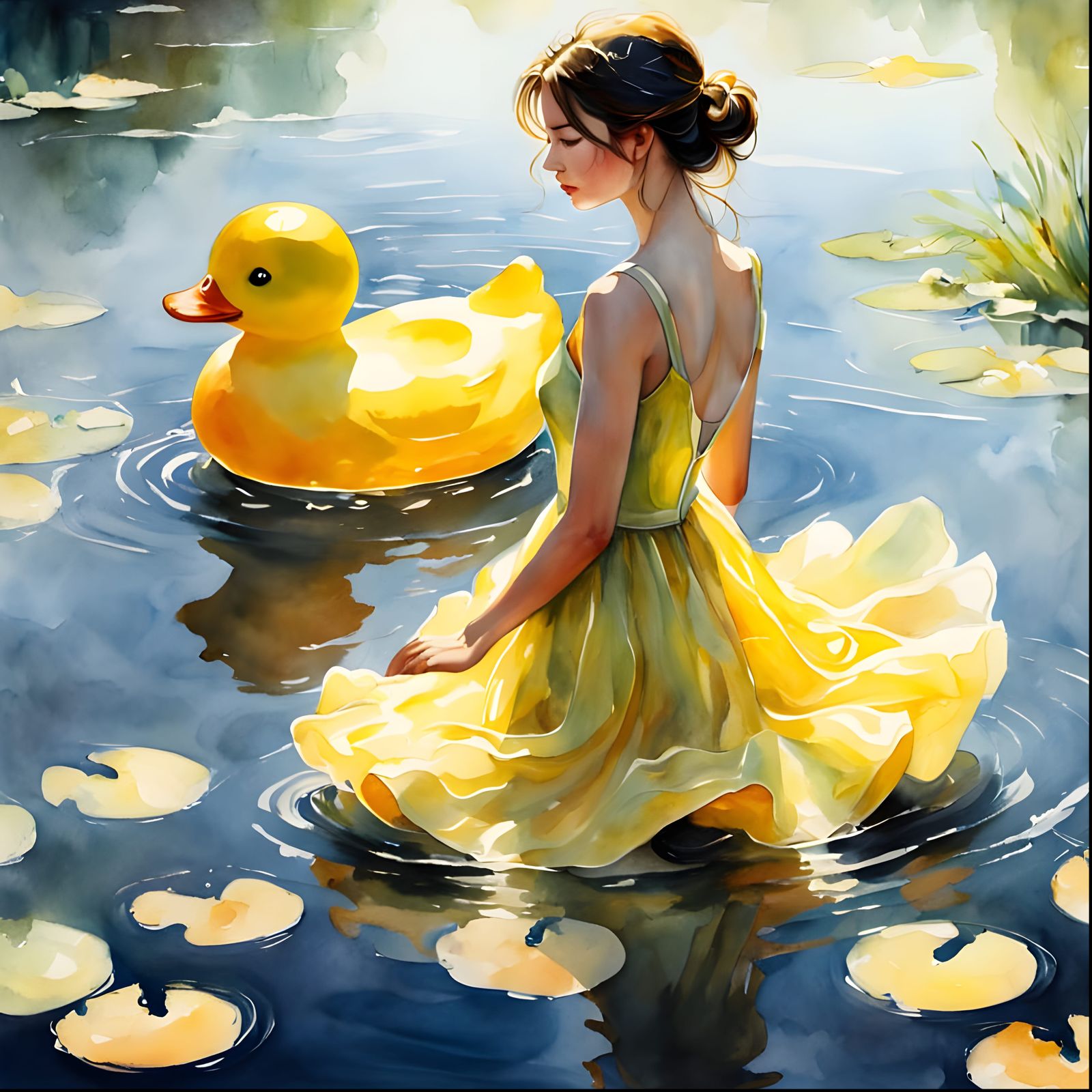 Woman Rides Yellow Rubber Duck in Serene Watercolor Scene