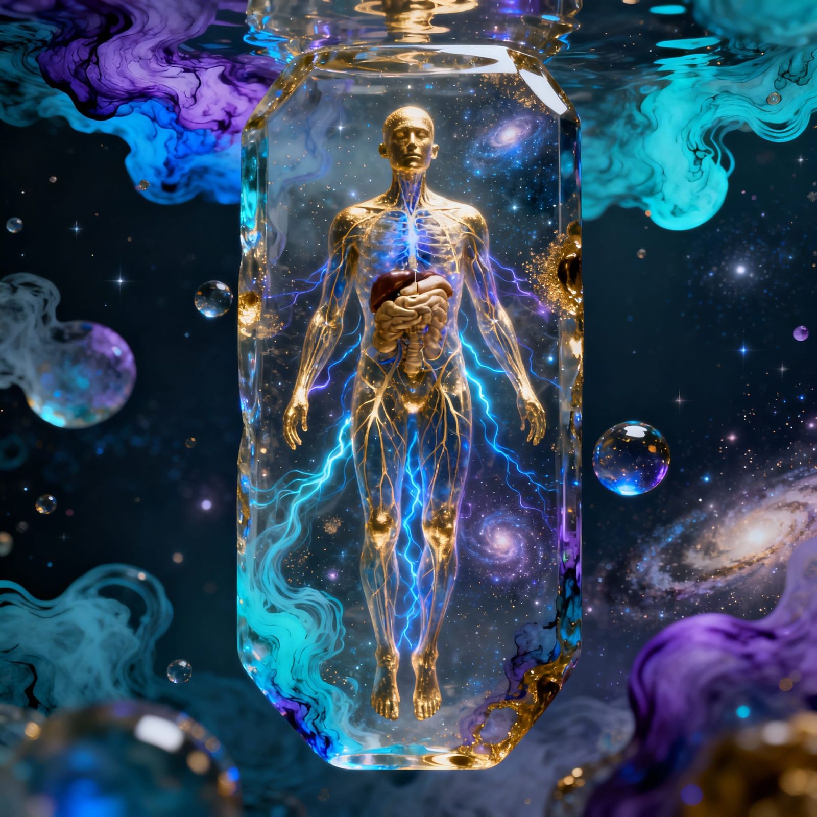 Human Body Suspended in Cosmic Resin with Luminous Ink