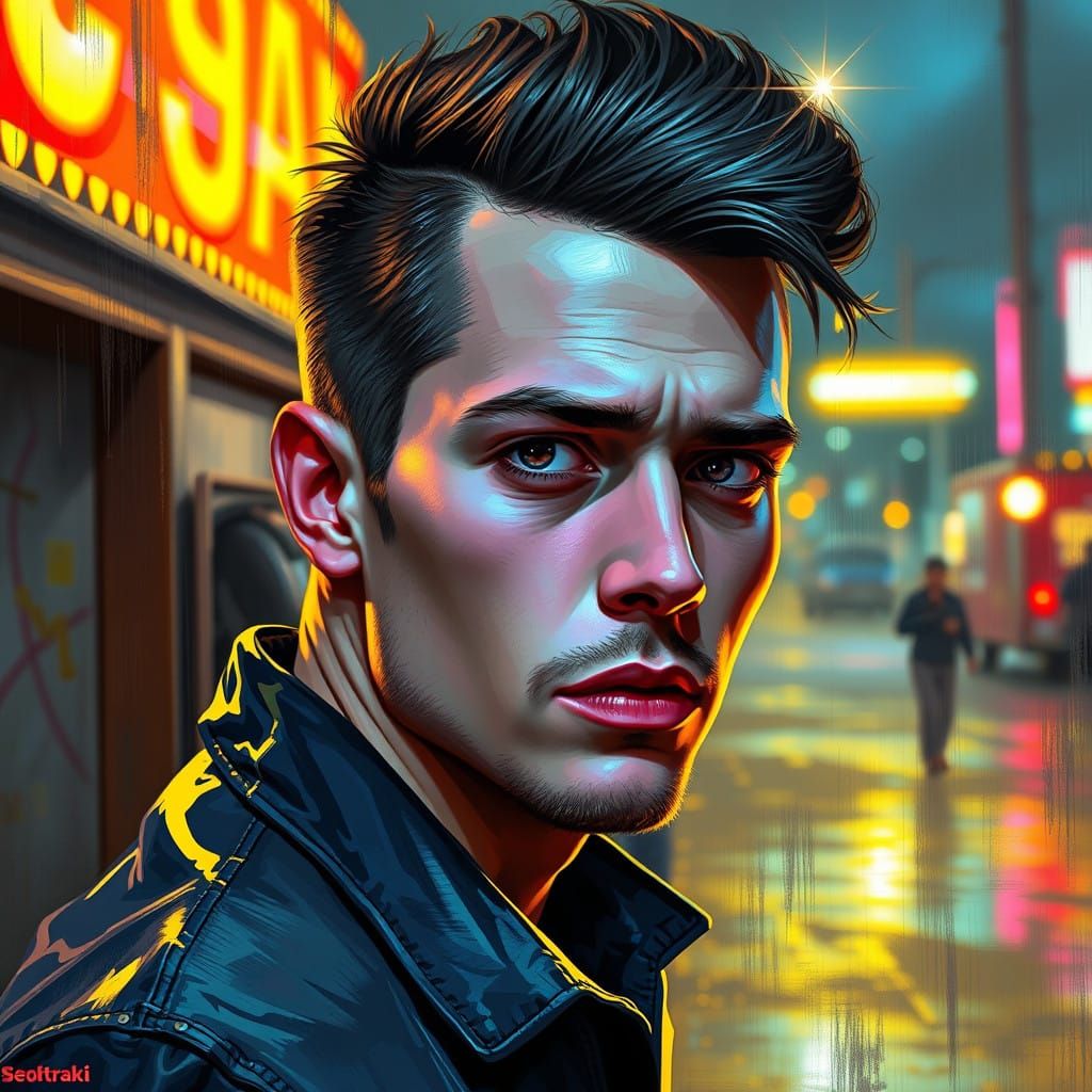 Cyberpunk Greaser Unveiled in Neon Junkyard