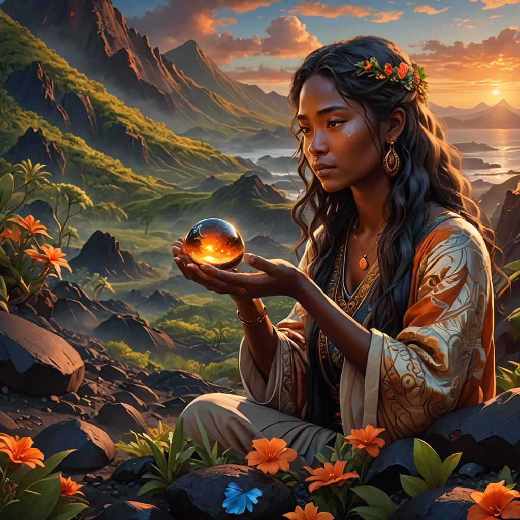 Mystical Woman Holds Healing Pebble in Volcanic Landscape