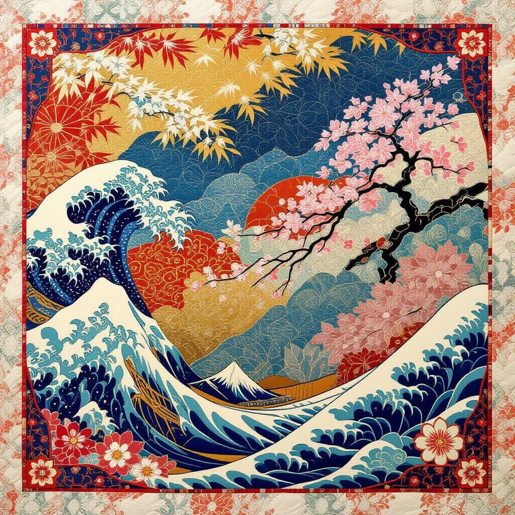 Japanese Woodblock Quilt: Hyperrealistic Stitched Art