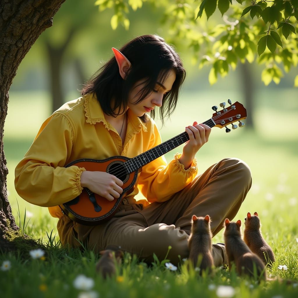 Elven Man Plays Mandolin in Spring Meadow, Victorian Style