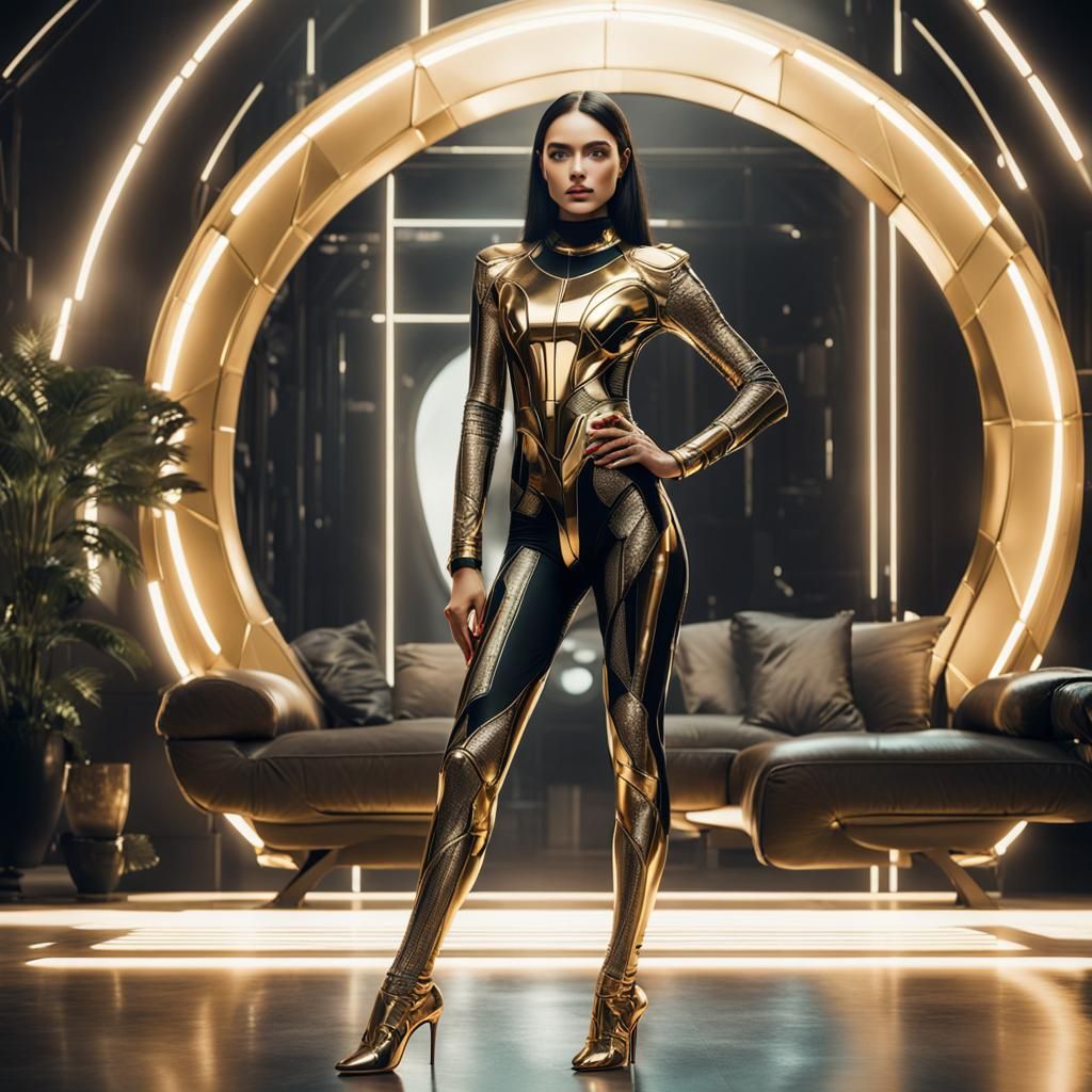 Futuristic Woman with Panther in Living Room