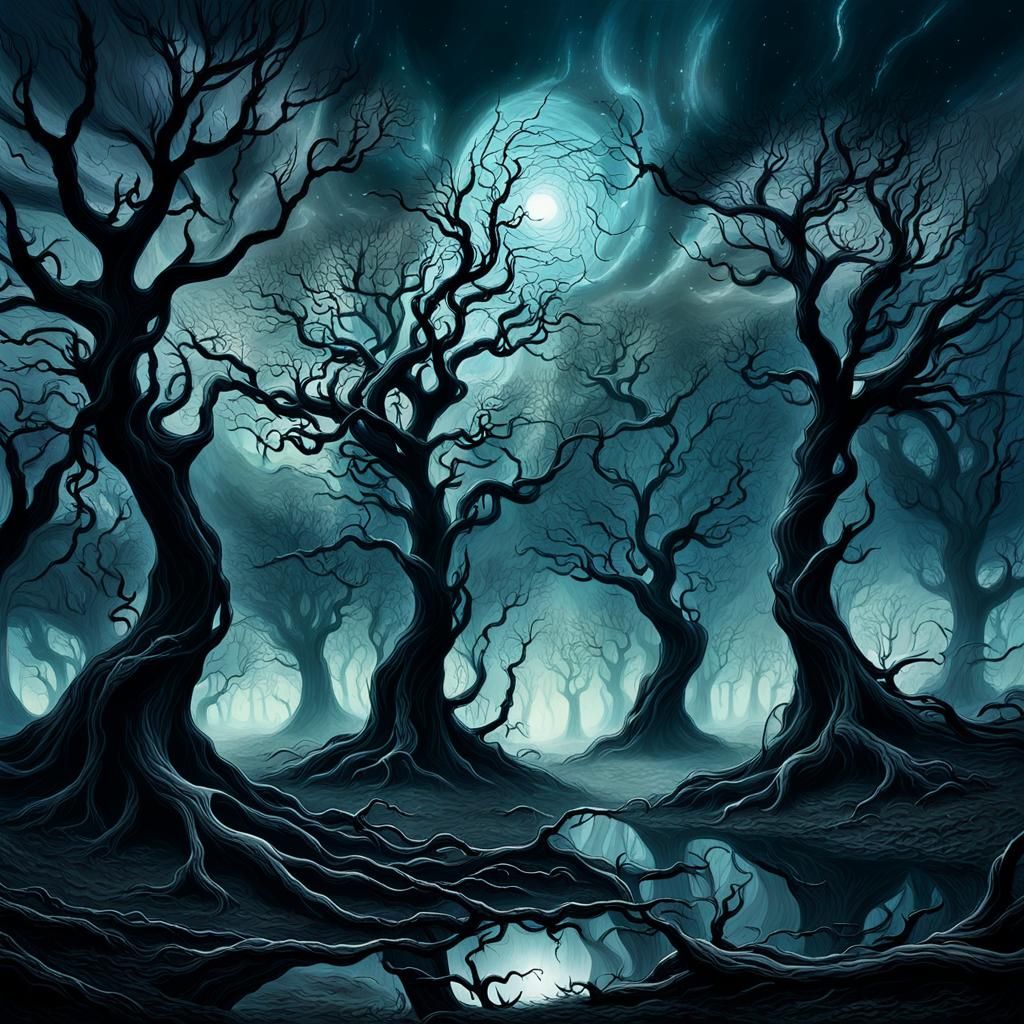 Ethereal Twisted Trees in Dreamlike Landscape