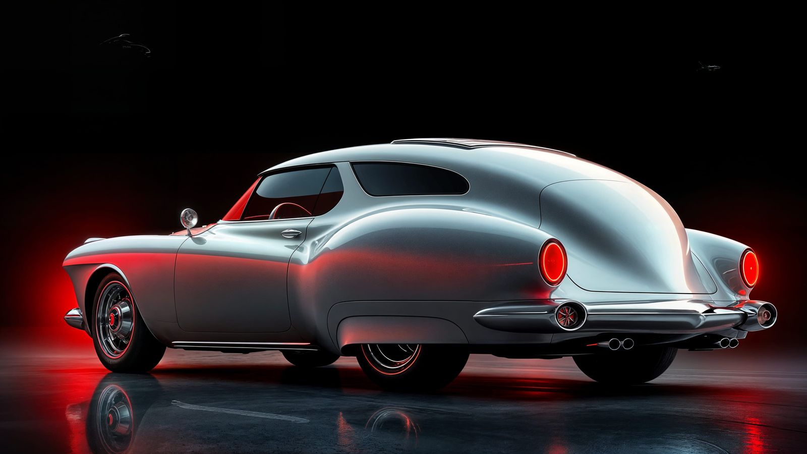 A sleek, aerodynamic 1955 concept SUV with a futuristic twist, featuring a bulbous, curved body, chromed accents, and a ...