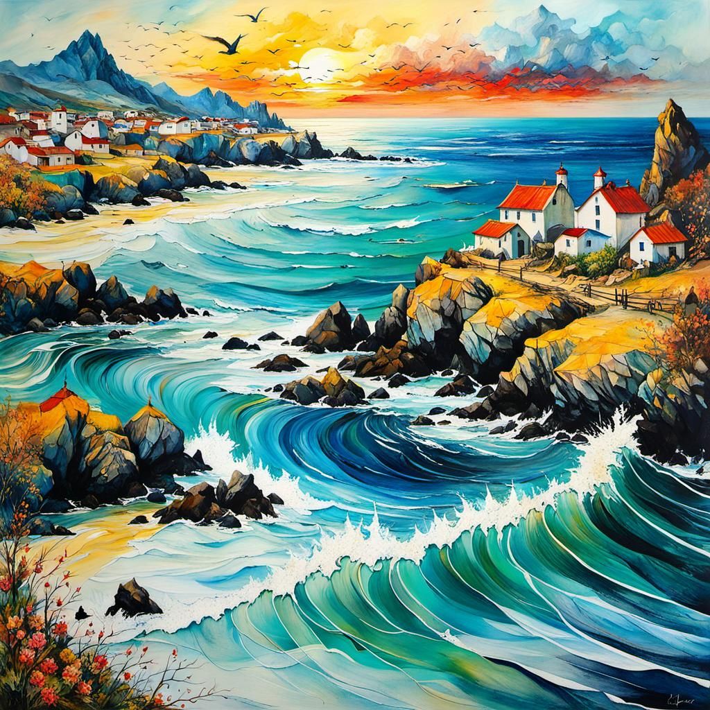 Coastal Village Sunset Inspired by Van Gogh
