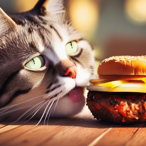 Astonished Cat Enjoying Burger, Professional Photography