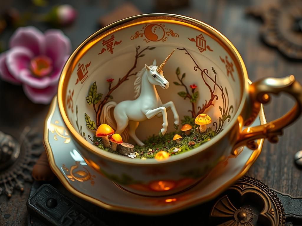 Miniature Forest and Unicorn Inside Antique Teacup