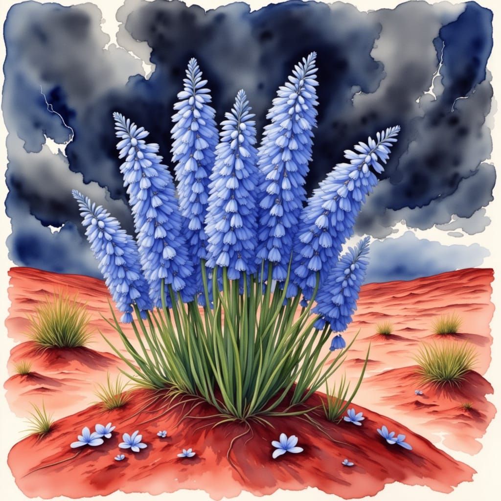 Vintage Blue Hyacinth Blooms in Stormy Desert Landscape