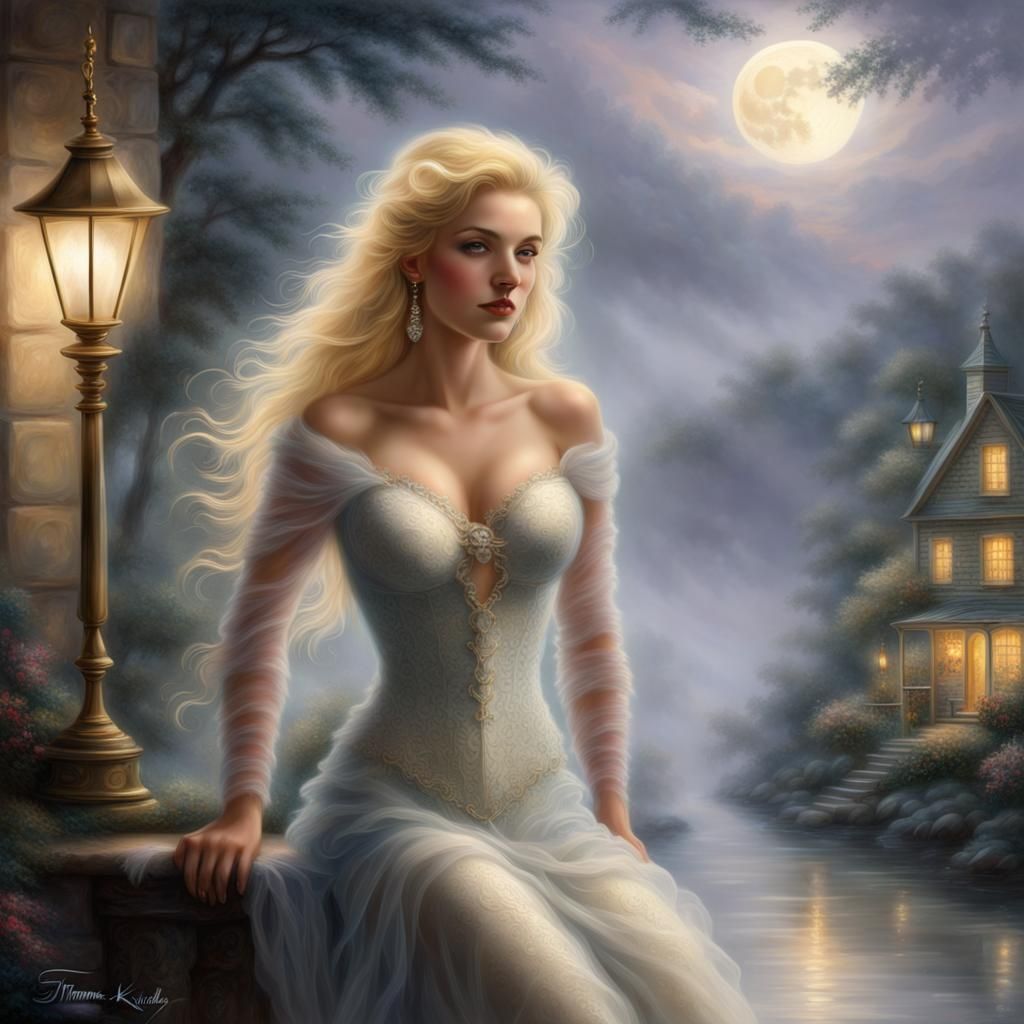 Ethereal Blonde Lady in Moonlit Fantasy