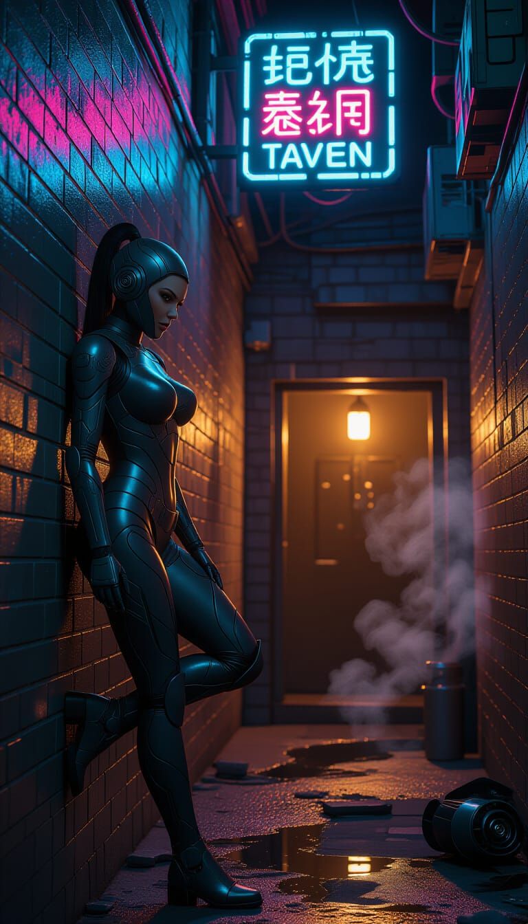Futuristic Warrior Woman in Neon Alleyway