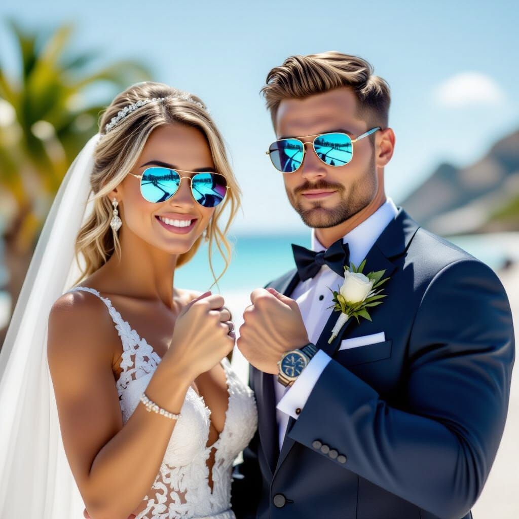 Stylish Bride and Groom Fistbump in Sunglasses