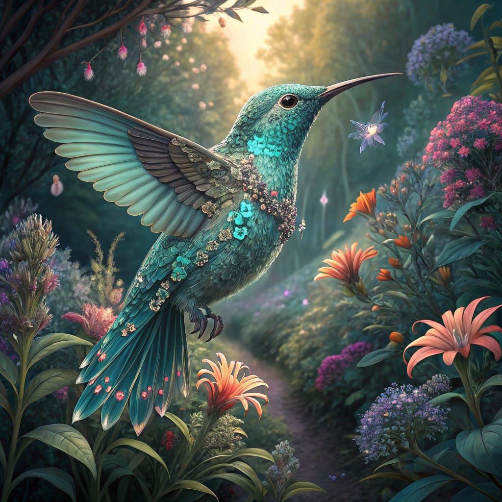 Iridescent Hummingbird in Vibrant Garden Scene