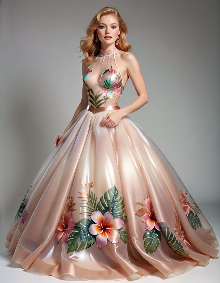 Woman in Shiny Plastic Floral Ball Gown
